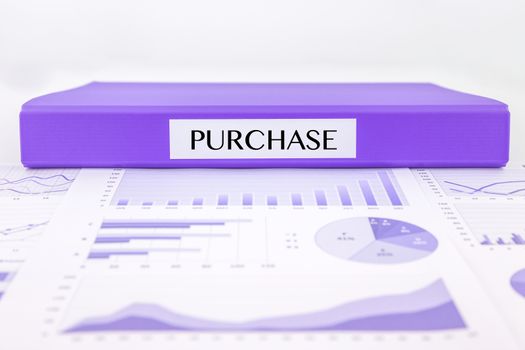 Purple document binder with PURCHASE word place on graph analysis and  budget plan