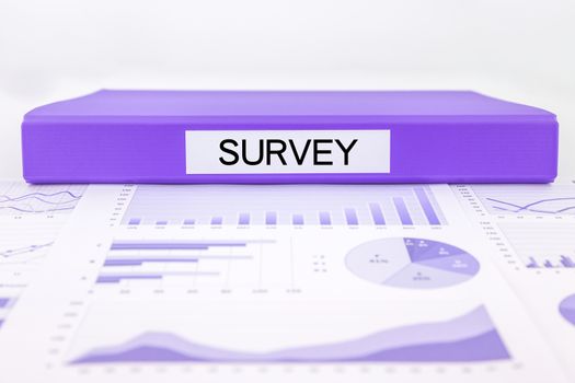 Purple document binder with survey word place on graphs, charts and marketing reports