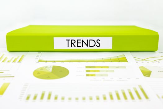 Green document binder with trends word place on graphs, charts and marketing reports