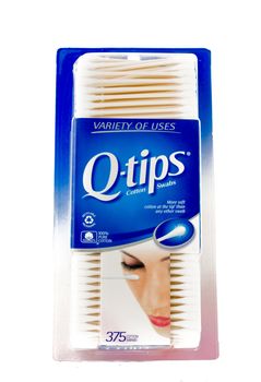 Winneconne, WI - 4 February 2015: Package of 375 Q-tips cotton swabs.  Q-tips have been used for hygiene and cosmetic application.