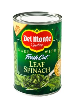 Winneconne, WI - 5 February 2015: Del Monte Leaf Spinach in a can. Del Monte was created in 1886 and is located in San .