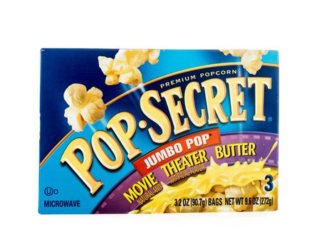 Winneconne, WI - 4 February 2015: Box of Pop Secret Jumbo Pop Movie Theater Butter Popcorn created in 1984 and is owned by Diamond Food.