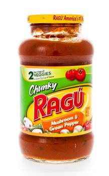 winneconne, WI - 7 February 2015:  Jar of Ragu Mushroon & Green Pepper flavored pasta sauce.