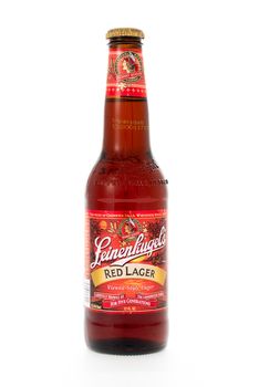 Winneconne, WI - 6 February 2015:  Bottle of Leinenkugel's Red Lager beer brewed in Wisconsin.