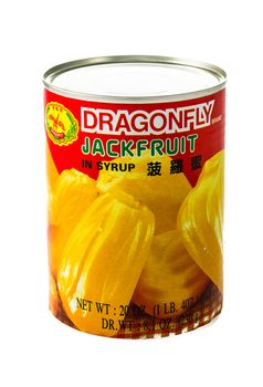 Winneconne, WI - 5 February 2015: Can of  Jackfruit in syrup imported by the Dragonfly Brand.