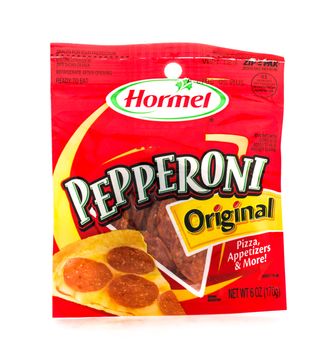 Winneconne, WI - 4 February 2015: Bag of Hormal Pepperoni pizza topping created in 1891. Hormal is located in Austin, MN.