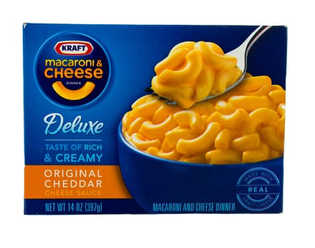 Winneconne, WI - 5  February 2015: Package of Kraft Macaroni & Cheese Deluxe meal with chedder sauce.  Kraft was founded in 1903 and is located in Northfield, IL.