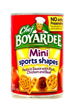 Winneconne, WI - 3 February 2015:  Can of Mini sports shapes by Chef Boyardee. Chef Boyardeee has been enjoyed by everyone since 1928.