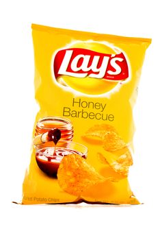 Winneconne, WI - 3 February 2015: Bag of 10 OZ Frito Lay Honey Barbecue potato chips. Frito-Lay is the worlds largest distributed snack food.