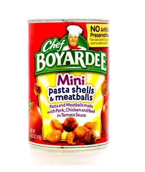 Winneconne, WI - 3 February 2015:  Can of Mini pasta shells & meatballs by Chef Boyardee. Chef Boyardeee has been enjoyed by everyone since 1928.