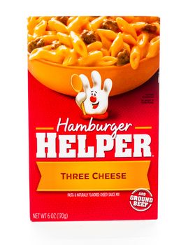 Winneconne, WI - 8 February 2015: Box of Hamburger Helper Three Cheese,  Just add hamburger to complete the meal.