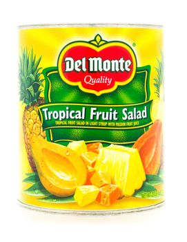 Winneconne, WI - 3 February 2015: Del Monte Tropical Fruit Salad in a can.  Del Monte was created in 1886 and is located in San Fransico, CA.