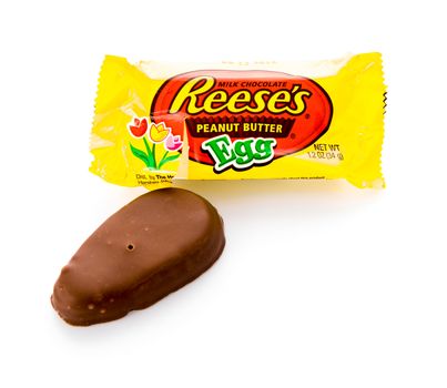 Winneconne, WI - 21 February 2015:  Single package of Reese's peanut butter cup shaped in form of an egg.