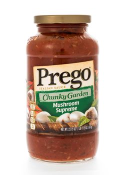 Winneconne, WI - 7 February 2015:  Jar of Prego  Chunky Garden Mushroon Supreme flavored pasta sauce.