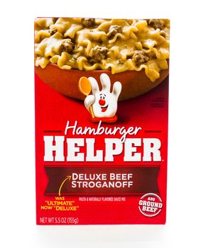 Winneconne, WI - 8 February 2015: Box of Hamburger Helper Deluxe Beef Stroganoff,  Just add hamburger to complete the meal.