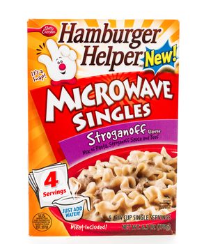 Winneconne, WI - 8 February 2015: Box of Hamburger Helper Stoganoff microwave singles,  Just water to complete the meal.