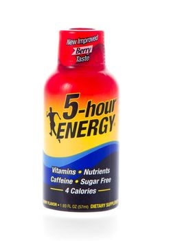 Winneconne, WI - 21 February 2015:  Bottle of 5-hour energy drink in berry flavor.