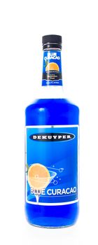 Winneconne, WI - 21 February 2015:  Bottle of Dekuyper Blue Curacao  alcohol beverage