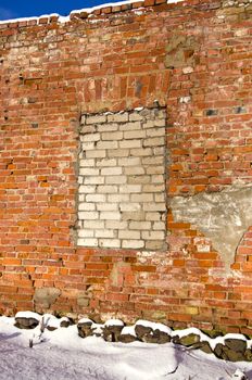 old winter time house ruins wall background