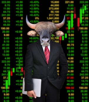 business man with bull head in tock investment concept