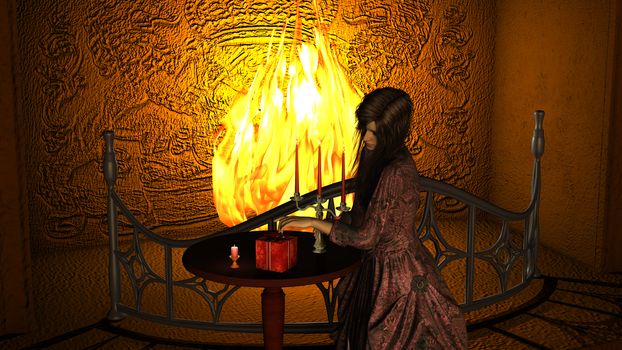 Young Woman near Fireplace opening a Gift Box with victorian dress