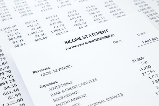 Income statement with detail list of revenues and expenses, accounting concept for small business, black and white tone image