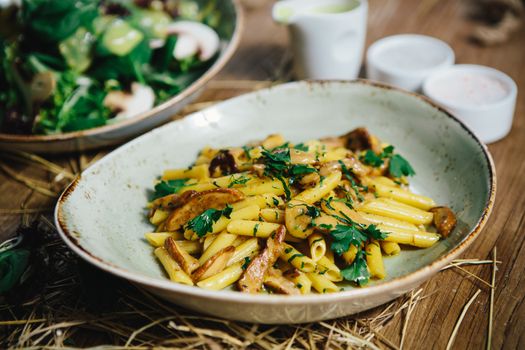 pasta penne with mushrooms grilled in sour cream sauce