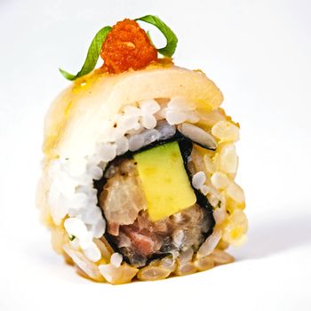 traditional fresh japanese sushi rolls on a white background