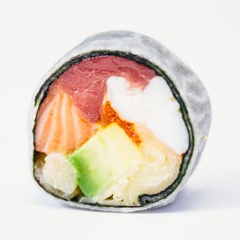 traditional fresh japanese sushi rolls on a white background