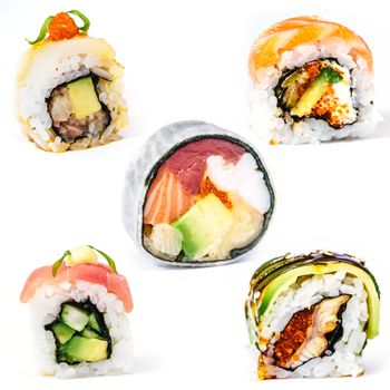 traditional fresh japanese sushi rolls on a white background