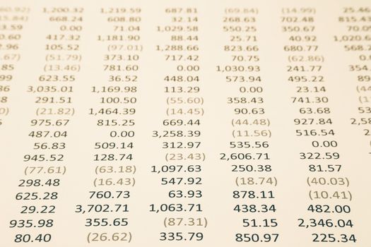 Detail list of income and expense reports, accounting concept for merchandising business, sepia tone image