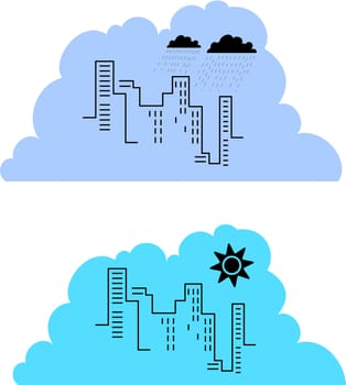 Two examples of a city skyline, with different tones to illustrate a sunny and a rainy day.
