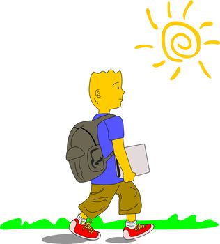 Kid wearing blue shirt, brown pants and red sneakers walks to school carrying his backpack and a file, on a sunny day.