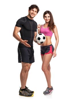 Sport couple - man and woman with ball on the white background