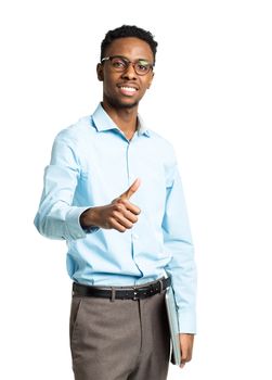 Happy african american college student with laptop and finger up  standing on white background