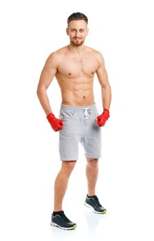 Athletic attractive man wearing boxing bandages on the white background