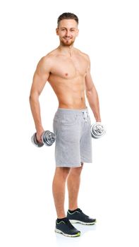 Sport man with dumbbells on the white background