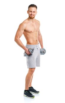 Sport man with dumbbells on the white background