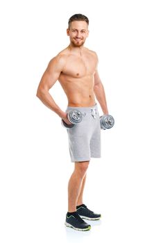 Sport man with dumbbells on the white background