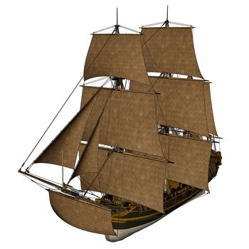 Beautiful detailed old Licorne ship isolated in white background - 3D render