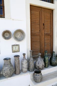 The small streets of Apiranthos at the Naxos island at the Cyclades of the Aegean sea in Greece