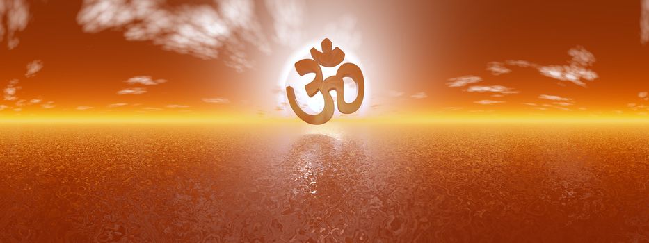 Aum symbol upon ocean by red sunset, 360 degrees effect - 3D render