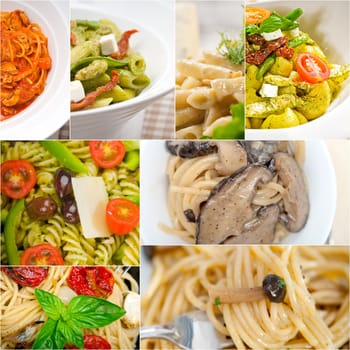 collection of different type of Italian pasta on collage white frame