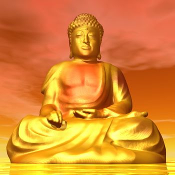Big golden buddha by orange sunset- 3D render