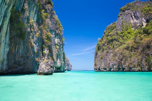 Picture perfect tropical Maya bay on Koh Phi Phi Le Island, Thailand, Asia.