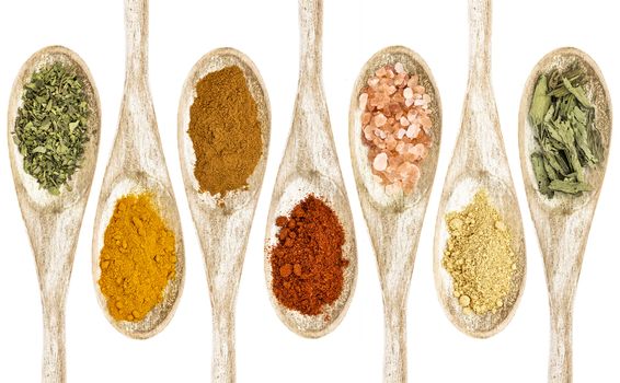 healthy seasoning and spices - a collection of isolated wooded spoons