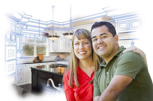 Happy Mixed Race Couple Over Kitchen Design Drawing and Photo Combination on White.