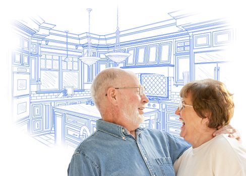 Happy Laughing Senior Couple Over Custom Kitchen Design Drawing on White.