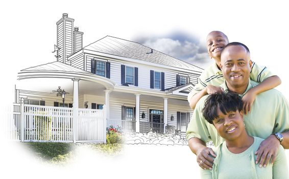 Happy African American Family Over House Drawing and Photo Combination on White.