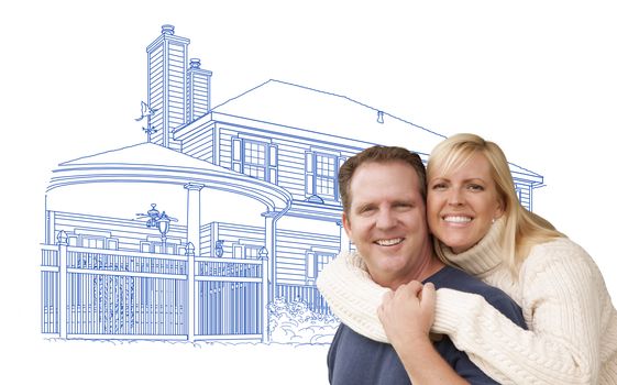 Happy Hugging Couple Over House Drawing on White.